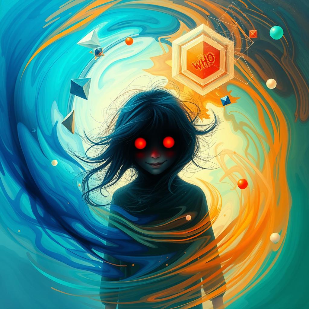 An abstract composition representing a surreal experience of a 'who' concept, featuring a mysterious figure with a playful and whimsical aura