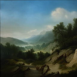 Amplify the vibrancy of the colours in the John William North-style landscape painting, heightening the blues and greens in the sky and the nature elements for a more lively, eye-catching look.