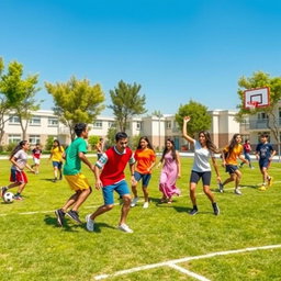 A vibrant and dynamic scene depicting Iranian teenagers enthusiastically participating in various sports activities at a school