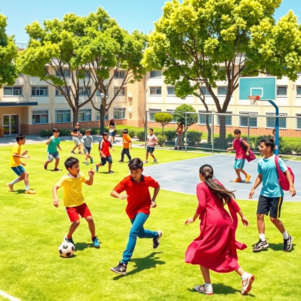 A vibrant and dynamic scene depicting Iranian teenagers enthusiastically participating in various sports activities at a school