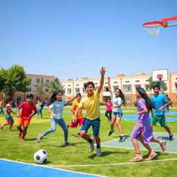 A vibrant and dynamic scene depicting Iranian teenagers enthusiastically participating in various sports activities at a school
