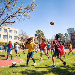 A vibrant and dynamic scene depicting Iranian teenagers enthusiastically participating in various sports activities at a school