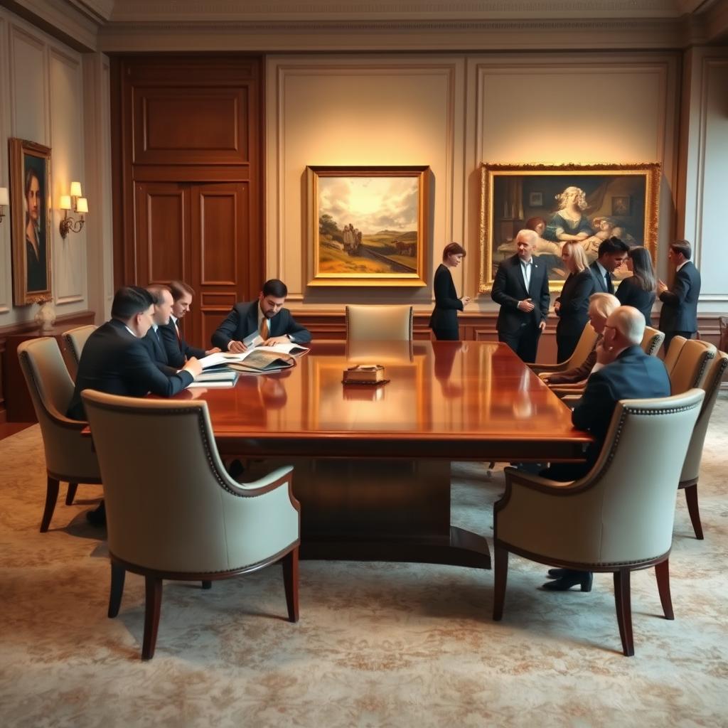 A formal setup featuring an elegantly decorated room with a large, polished wooden table surrounded by high-backed chairs
