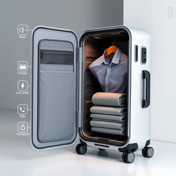 A modern, innovative suitcase showcasing a clothing compartment