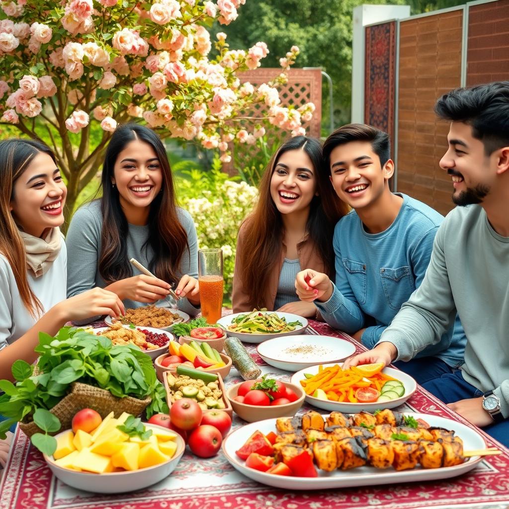 A vibrant and colorful scene depicting a group of Iranian teenagers enjoying a healthy meal together in a lush garden