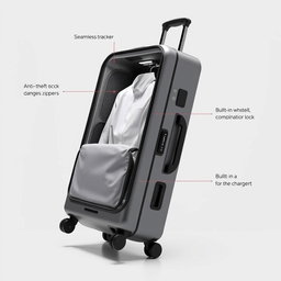 A modern, innovative suitcase showcasing a clothing compartment from a different angle