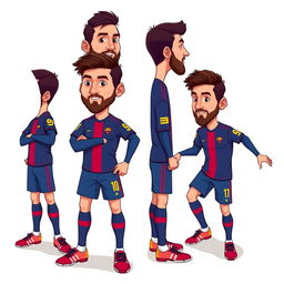 A full-body, cartoon-style avatar of Lionel Messi, showcasing his iconic features such as his beard, short hair, and athletic build