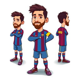 A full-body, cartoon-style avatar of Lionel Messi, showcasing his iconic features such as his beard, short hair, and athletic build