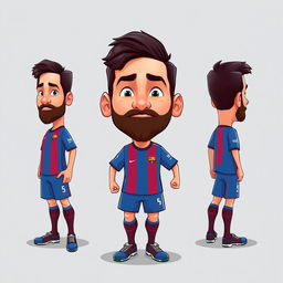 A full-body, cartoon-style avatar of Lionel Messi, showcasing his iconic features such as his beard, short hair, and athletic build