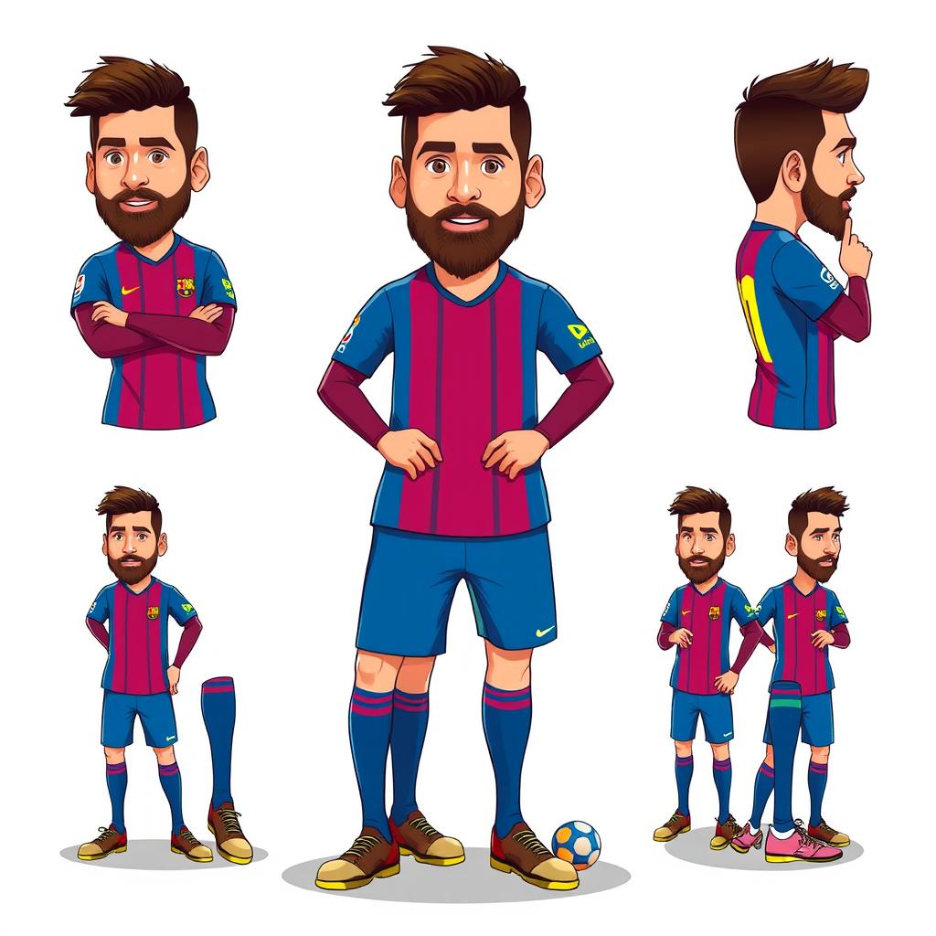 A full-body, cartoon-style avatar of Lionel Messi, showcasing his iconic features such as his beard, short hair, and athletic build