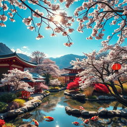 A stunning photo background of Japan, featuring iconic elements such as traditional Japanese temples with sweeping rooftops, lush cherry blossom trees in full bloom, and serene koi ponds reflecting the blue sky