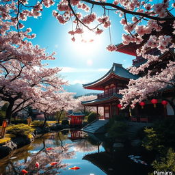 A stunning photo background of Japan, featuring iconic elements such as traditional Japanese temples with sweeping rooftops, lush cherry blossom trees in full bloom, and serene koi ponds reflecting the blue sky