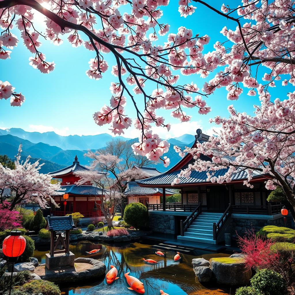 A stunning photo background of Japan, featuring iconic elements such as traditional Japanese temples with sweeping rooftops, lush cherry blossom trees in full bloom, and serene koi ponds reflecting the blue sky