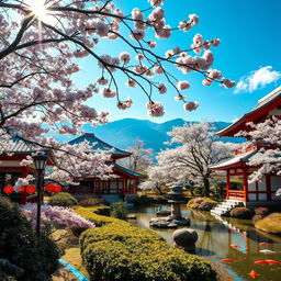 A stunning photo background of Japan, featuring iconic elements such as traditional Japanese temples with sweeping rooftops, lush cherry blossom trees in full bloom, and serene koi ponds reflecting the blue sky