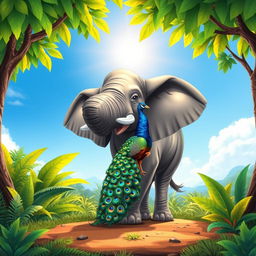 A beautiful scene depicting a playful couple of Sri Lankan animals, showcasing a Sri Lankan elephant and a peacock
