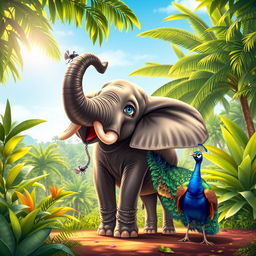 A beautiful scene depicting a playful couple of Sri Lankan animals, showcasing a Sri Lankan elephant and a peacock