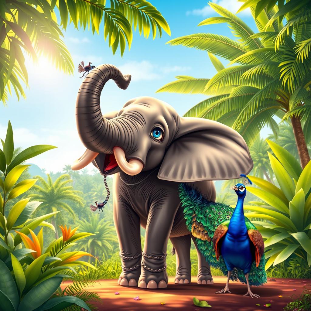 A beautiful scene depicting a playful couple of Sri Lankan animals, showcasing a Sri Lankan elephant and a peacock