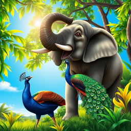 A beautiful scene depicting a playful couple of Sri Lankan animals, showcasing a Sri Lankan elephant and a peacock