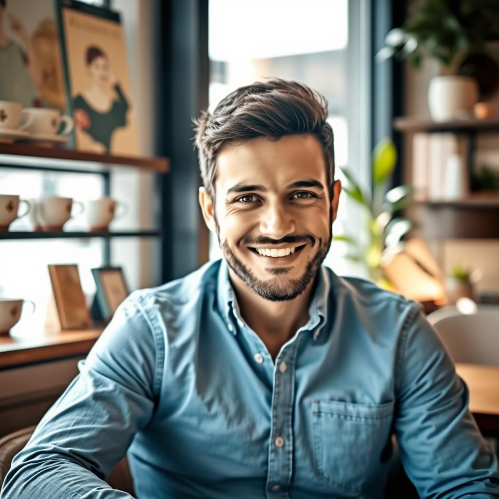 A portrait of a confident 32-year-old person with a warm smile, sitting comfortably in an urban coffee shop