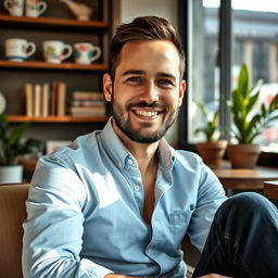 A portrait of a confident 32-year-old person with a warm smile, sitting comfortably in an urban coffee shop