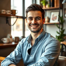 A portrait of a confident 32-year-old person with a warm smile, sitting comfortably in an urban coffee shop