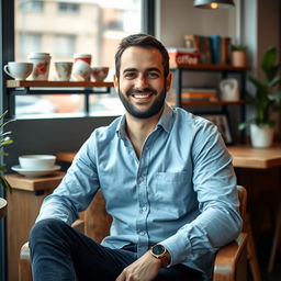 A portrait of a confident 32-year-old person with a warm smile, sitting comfortably in an urban coffee shop