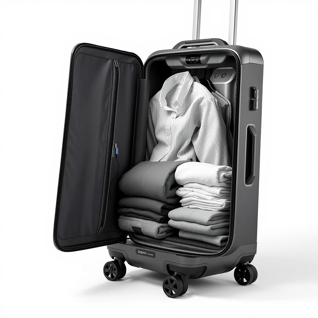 A modern, innovative suitcase showcasing a clothing compartment from a different angle