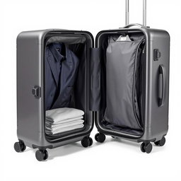 A modern, innovative suitcase showcasing a clothing compartment from a different angle