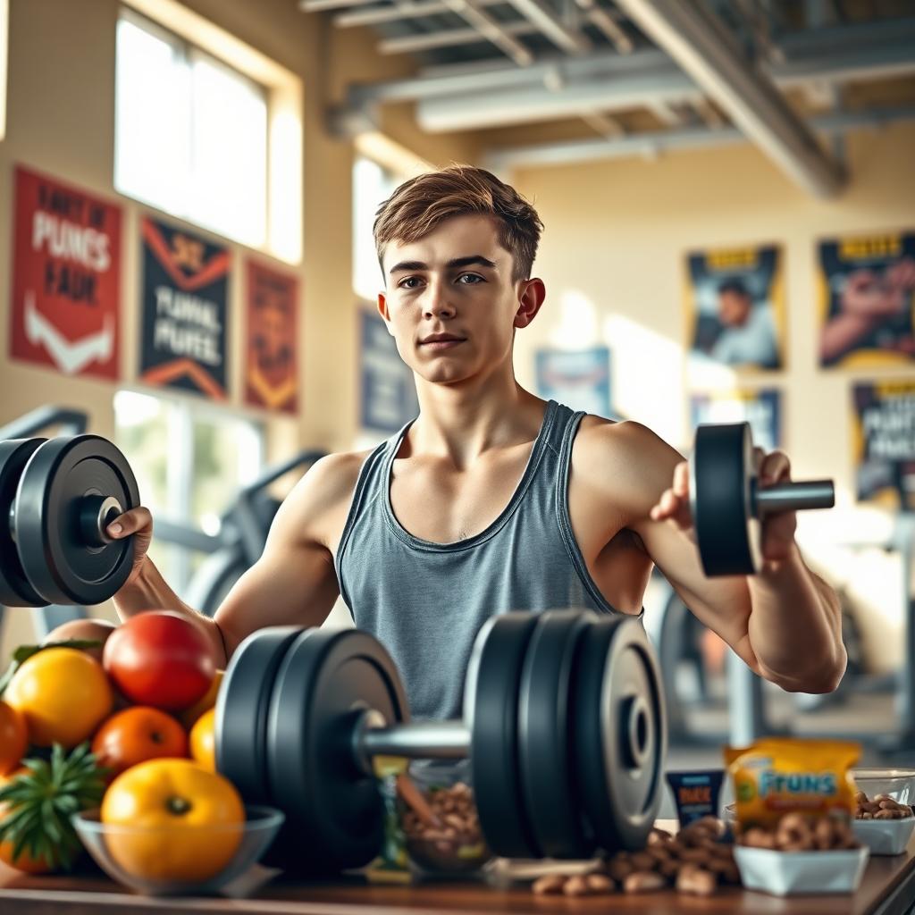 A scene featuring a teenage boy in a bright, inviting gym, focused and determined as he exercises