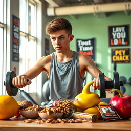 A scene featuring a teenage boy in a bright, inviting gym, focused and determined as he exercises
