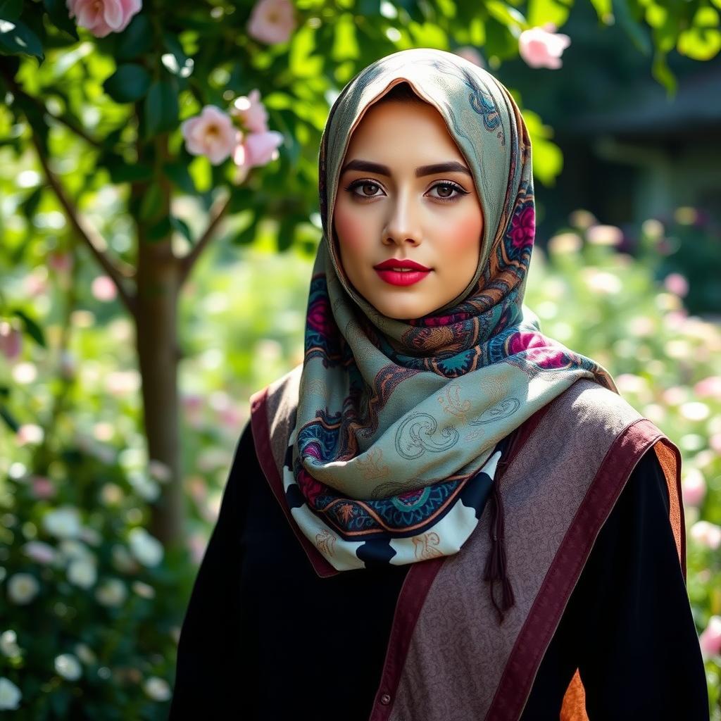 A beautiful woman wearing an intricately designed hijab that features vibrant colors and patterns