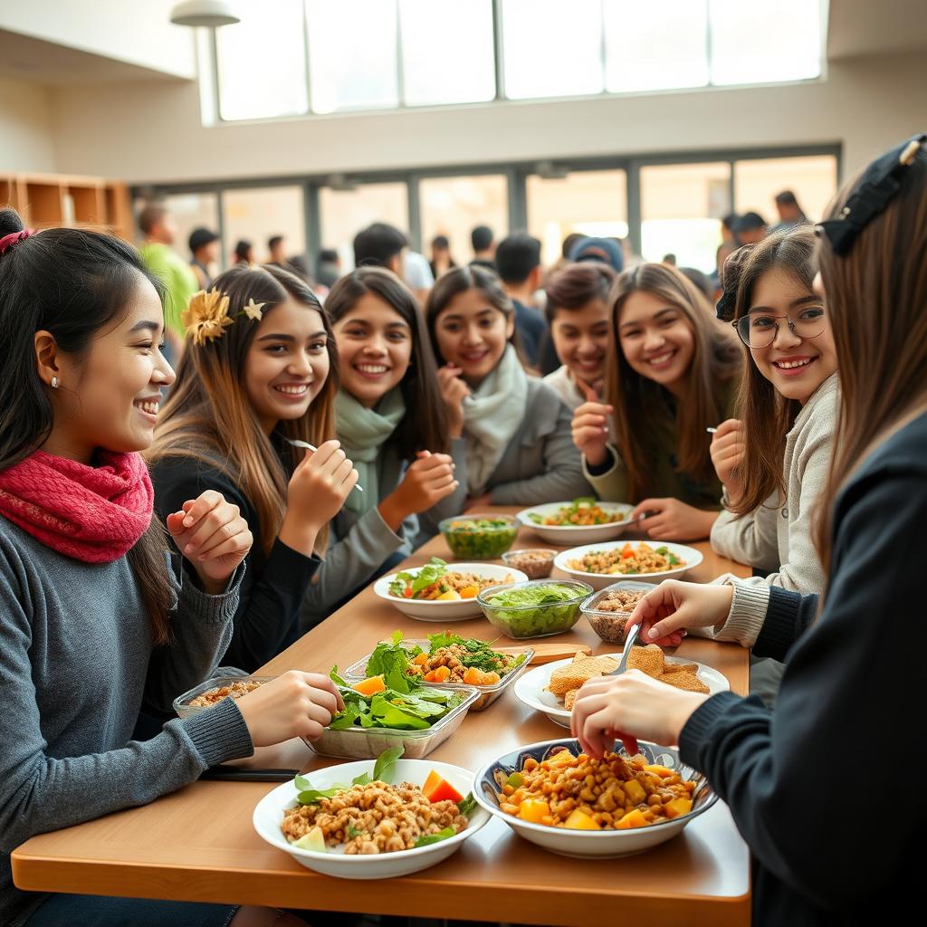 A vibrant scene of Iranian teenagers in a school cafeteria, joyfully eating healthy food together