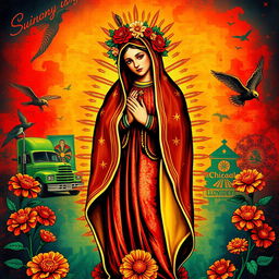 A vibrant and colorful artistic representation of Lady Guadalupe, emphasizing her cultural significance within the Chicano community