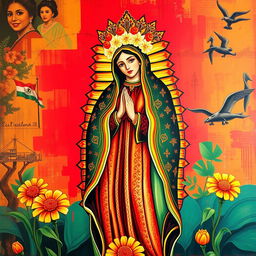 A vibrant and colorful artistic representation of Lady Guadalupe, emphasizing her cultural significance within the Chicano community