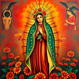 A vibrant and colorful artistic representation of Lady Guadalupe, emphasizing her cultural significance within the Chicano community