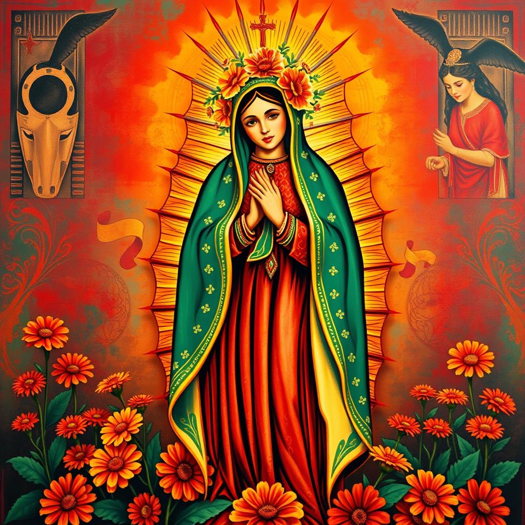 A vibrant and colorful artistic representation of Lady Guadalupe, emphasizing her cultural significance within the Chicano community