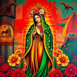 A vibrant and colorful artistic representation of Lady Guadalupe, emphasizing her cultural significance within the Chicano community