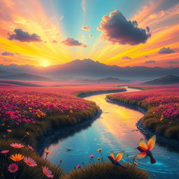A surreal landscape with a vibrant sunset casting an array of colors across the sky, featuring an undulating field of luminescent flowers in various hues, with a distant mountain range silhouetted against the light