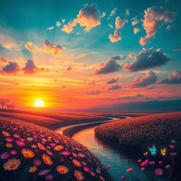 A surreal landscape with a vibrant sunset casting an array of colors across the sky, featuring an undulating field of luminescent flowers in various hues, with a distant mountain range silhouetted against the light