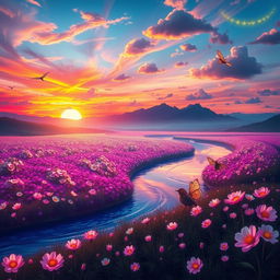 A surreal landscape with a vibrant sunset casting an array of colors across the sky, featuring an undulating field of luminescent flowers in various hues, with a distant mountain range silhouetted against the light