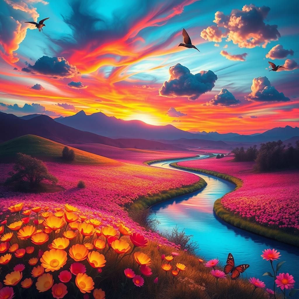 A surreal landscape with a vibrant sunset casting an array of colors across the sky, featuring an undulating field of luminescent flowers in various hues, with a distant mountain range silhouetted against the light