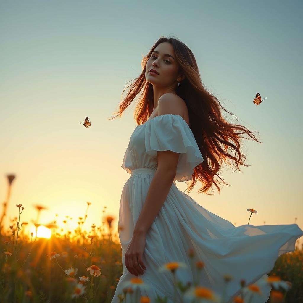 A beautiful woman with long flowing hair, wearing a flowing white dress, standing gracefully in a field of wildflowers under a clear blue sky