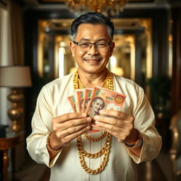 A wealthy Myanmar man showcasing opulence, adorned in a luxurious gold chain necklace that glimmers in the light