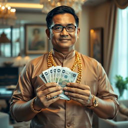 A wealthy Myanmar man showcasing opulence, adorned in a luxurious gold chain necklace that glimmers in the light