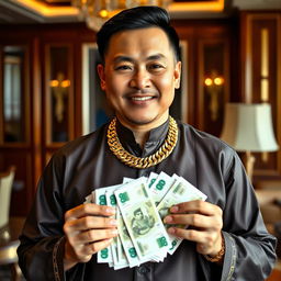 A wealthy Myanmar man showcasing opulence, adorned in a luxurious gold chain necklace that glimmers in the light