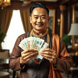 A wealthy Myanmar man showcasing opulence, adorned in a luxurious gold chain necklace that glimmers in the light