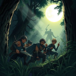 A thrilling scene depicting a group of diverse characters hiding strategically in a dense, dark forest from an unseen enemy