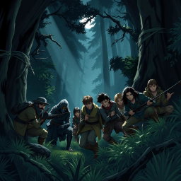 A thrilling scene depicting a group of diverse characters hiding strategically in a dense, dark forest from an unseen enemy