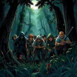 A thrilling scene depicting a group of diverse characters hiding strategically in a dense, dark forest from an unseen enemy