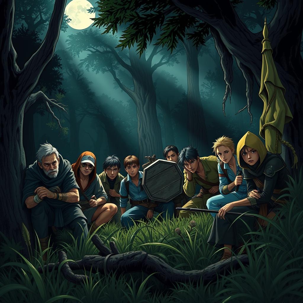 A thrilling scene depicting a group of diverse characters hiding strategically in a dense, dark forest from an unseen enemy